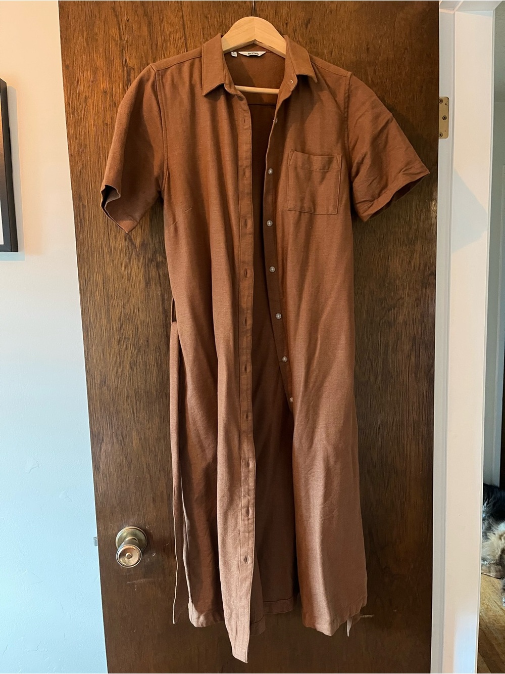 Button-Front Short Sleeve Maxi Shirt Dress in Brown